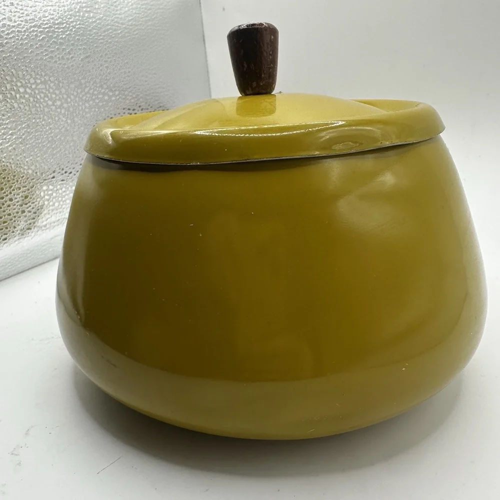 Vintage Enameled Metal Walnut Wood Handle Yellow Green Fondue Pot MCM
